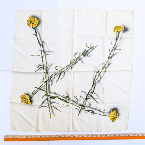 Fiorio Accessories - Fiorio Italy Silk Scarf Yellow Carnation Floral Print Hand Rolled 27 Inch Square